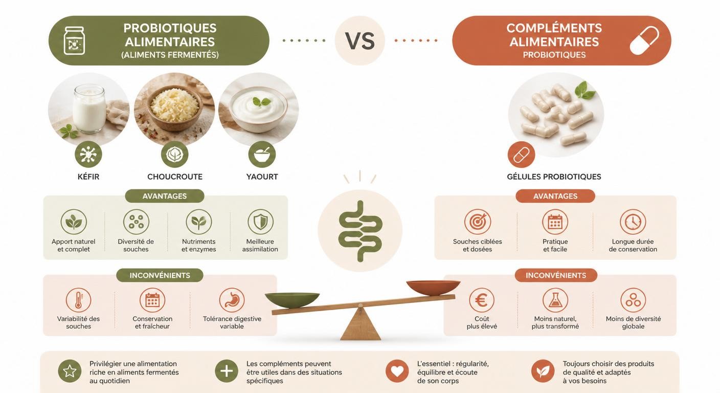 Infographie comparant les probiotiques alimentaires issus des aliments fermentés et les compléments probiotiques en gélules