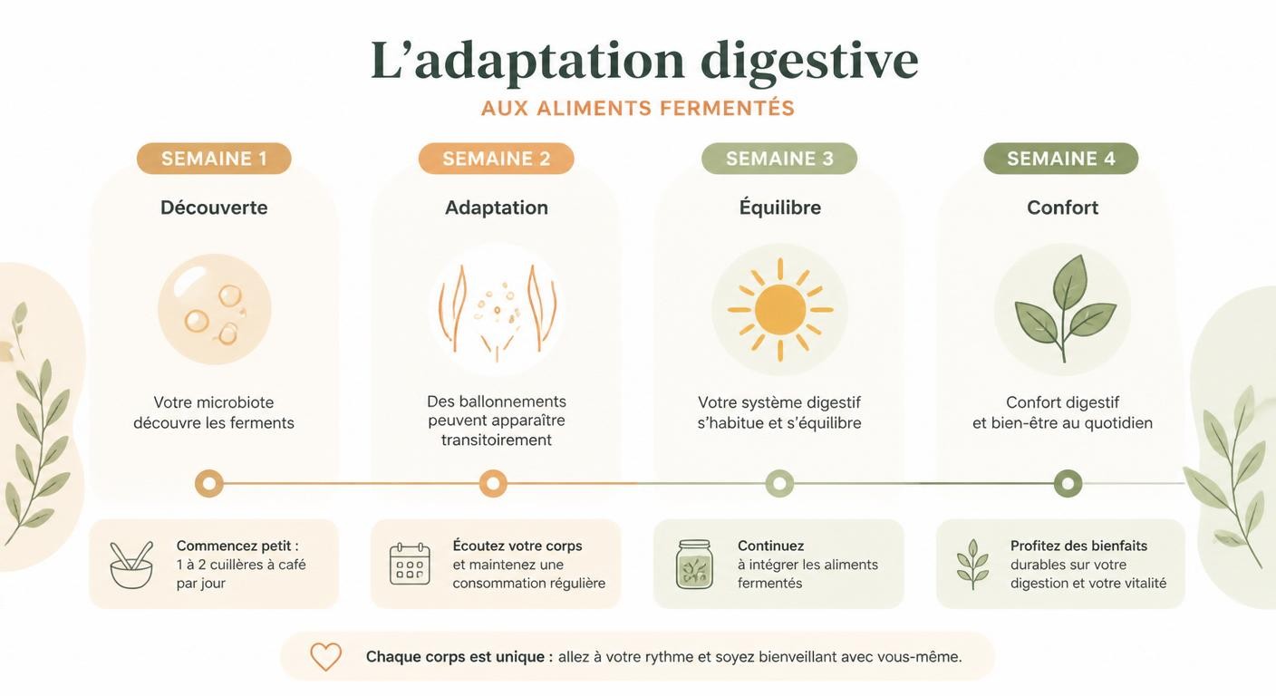 Infographie chronologique de l'adaptation digestive aux aliments fermentés sur 4 semaines