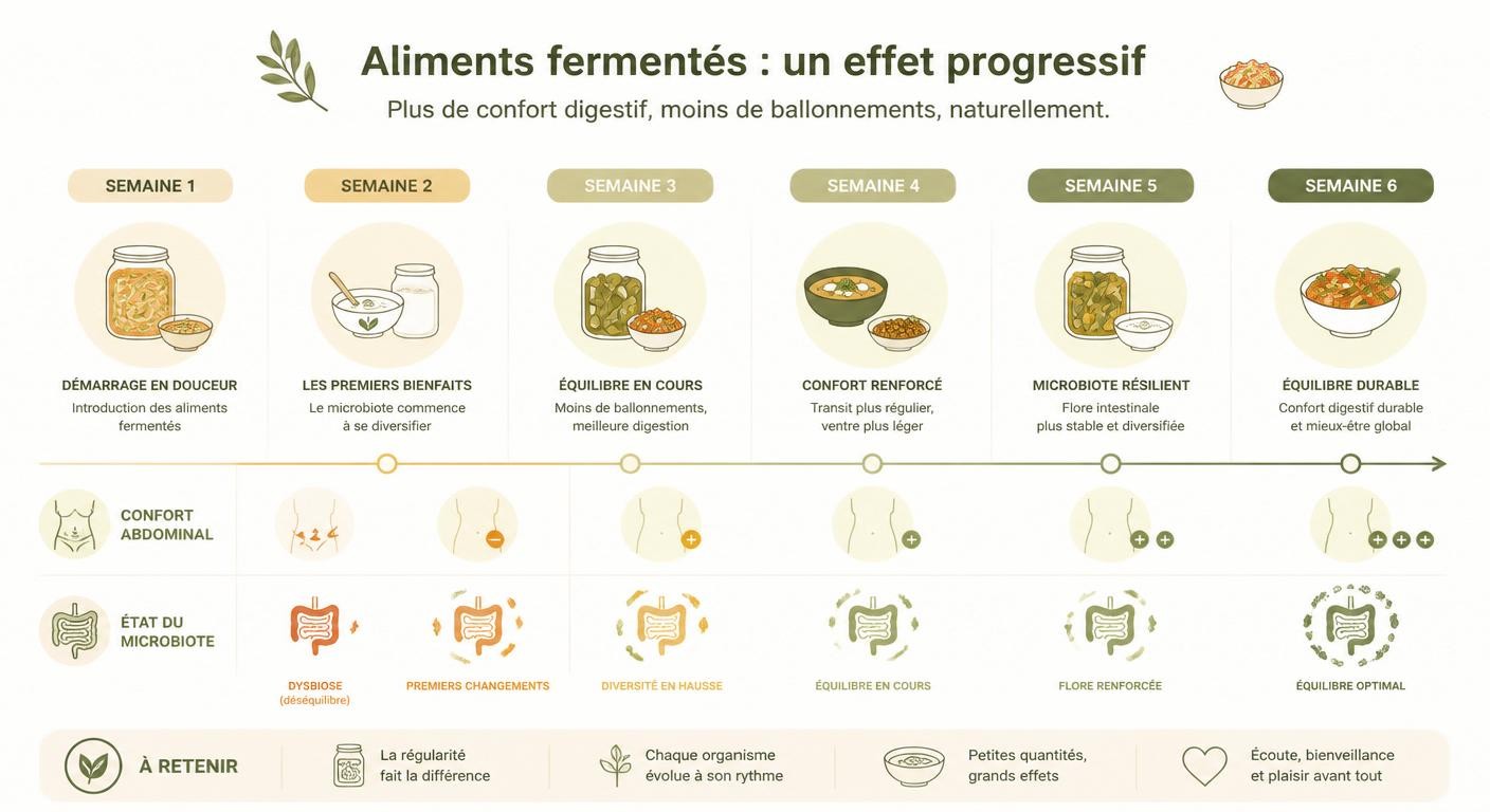 Infographie sur l'effet des aliments fermentés sur le confort digestif et la réduction des ballonnements chroniques
