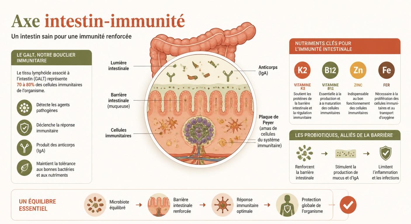 Infographie illustrant l'axe intestin-immunité et le rôle des aliments fermentés