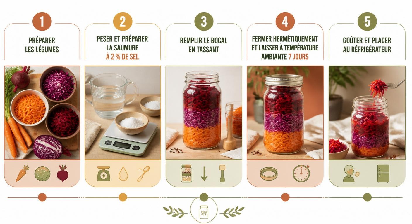 Infographie pas-à-pas des 5 étapes de la lacto-fermentation maison