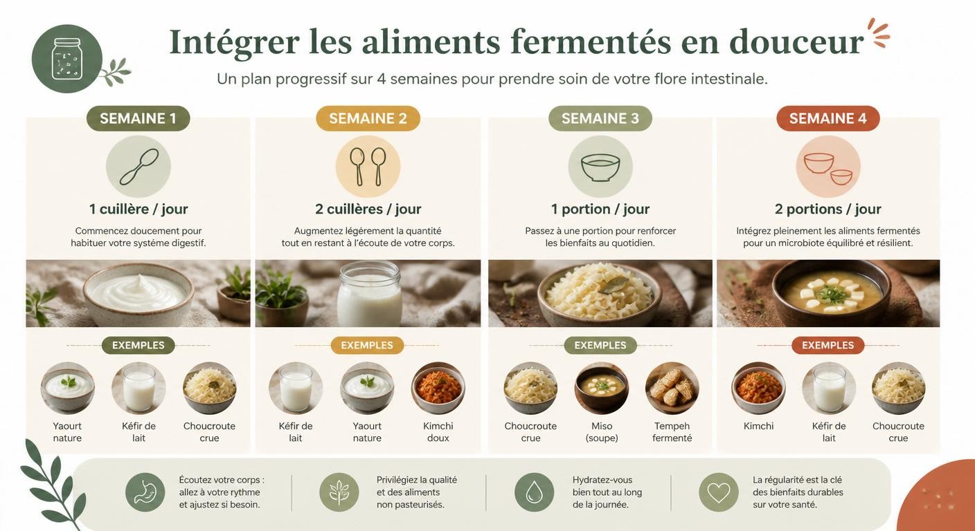 Infographie d'un protocole d'introduction progressive des aliments fermentés sur 4 semaines