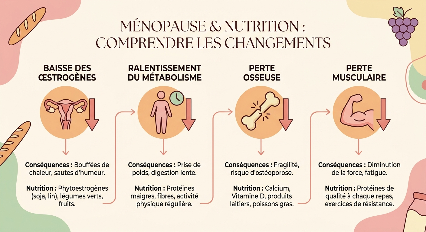 Infographie des changements hormonaux de la ménopause et de leurs conséquences nutritionnelles