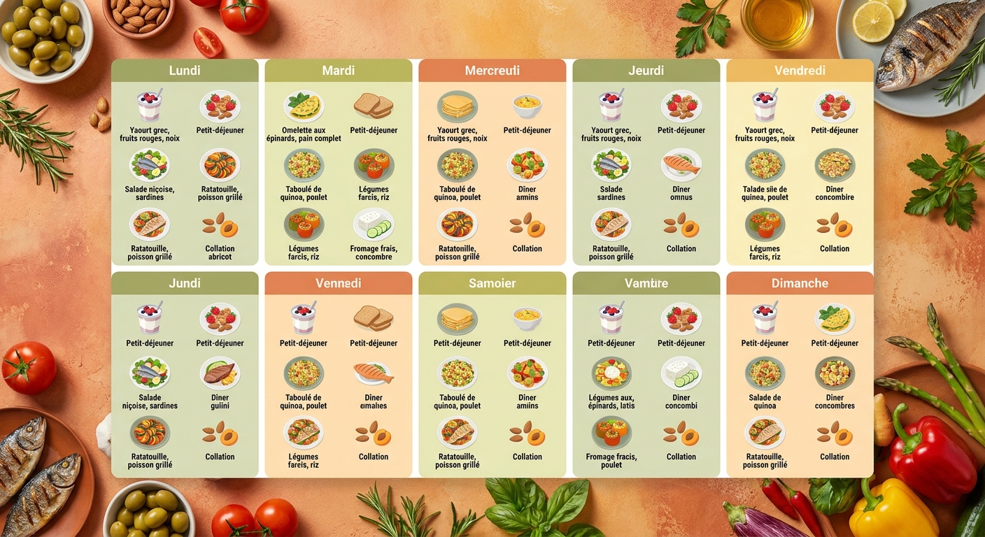 Infographie du plan repas 7 jours adapté à la ménopause