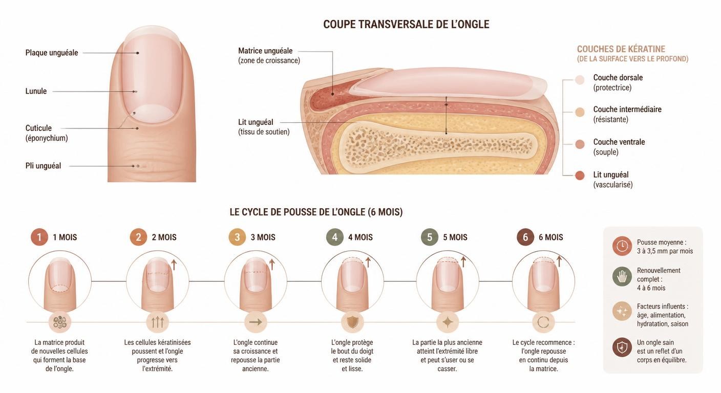 Schéma de l'anatomie de l'ongle et de son cycle de pousse sur six mois