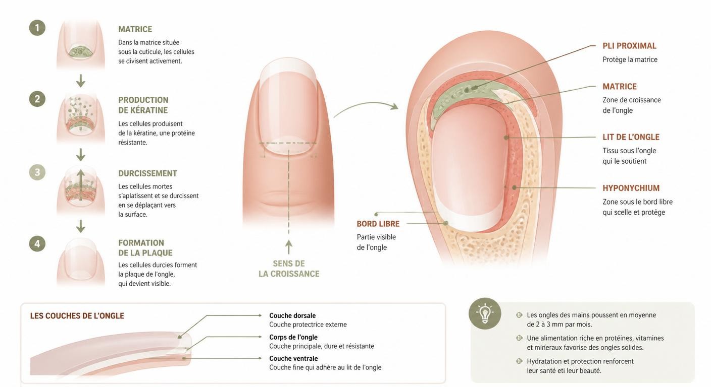 Schéma expliquant la fabrication de la kératine par la matrice jusqu'à la plaque de l'ongle