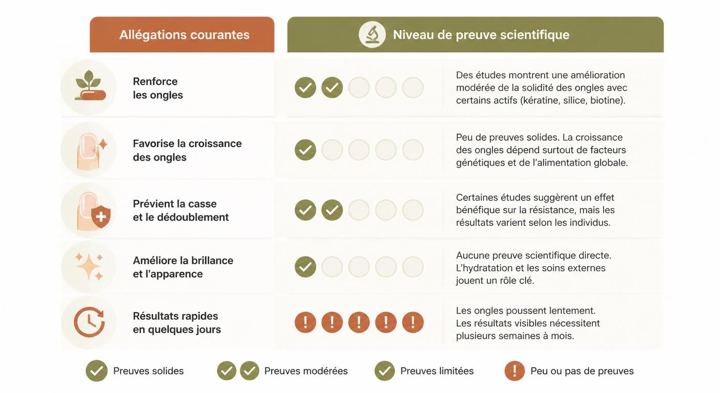 Infographie comparant les allégations des compléments pour ongles et leur niveau de preuve