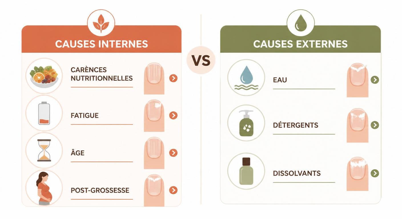Infographie comparant les causes internes et externes des ongles cassants