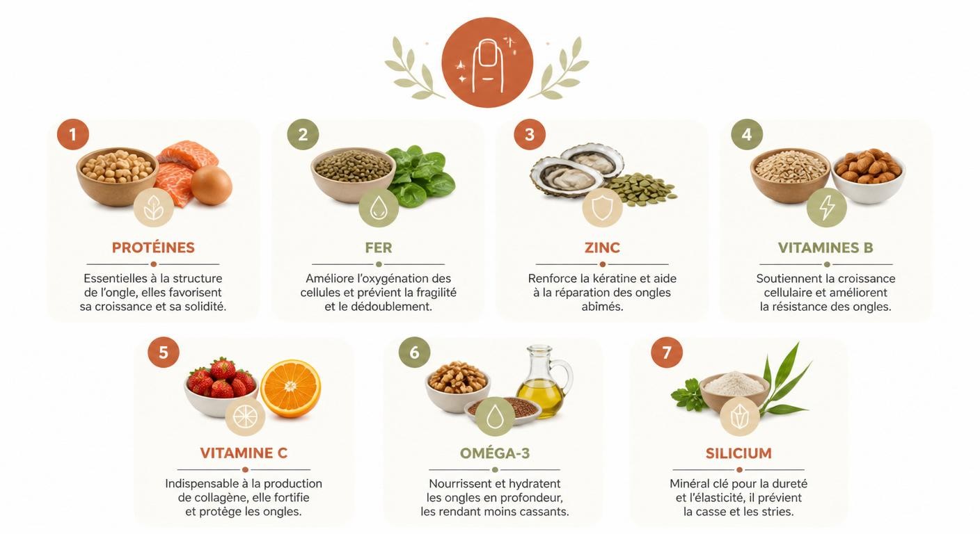 Infographie des sept nutriments essentiels à la solidité des ongles et leurs aliments sources