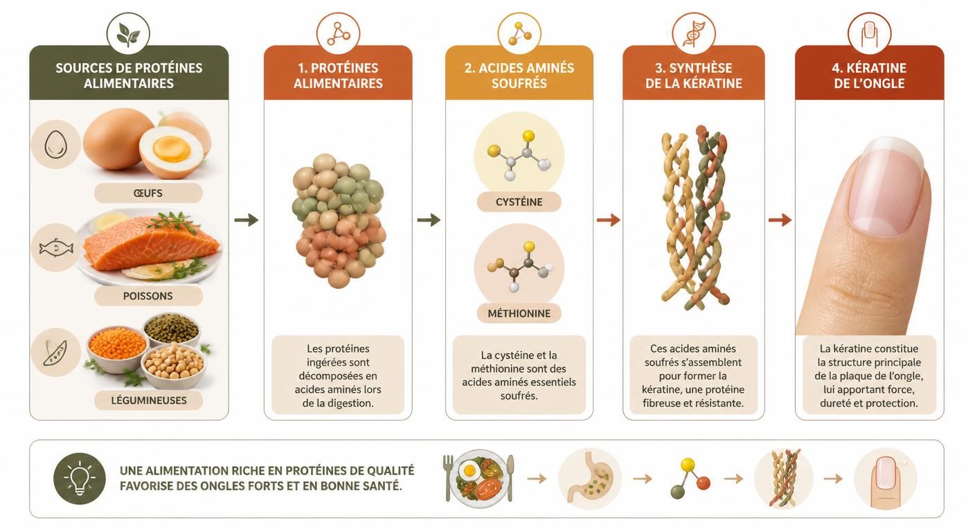 Infographie montrant comment les protéines alimentaires servent à fabriquer la kératine de l'ongle