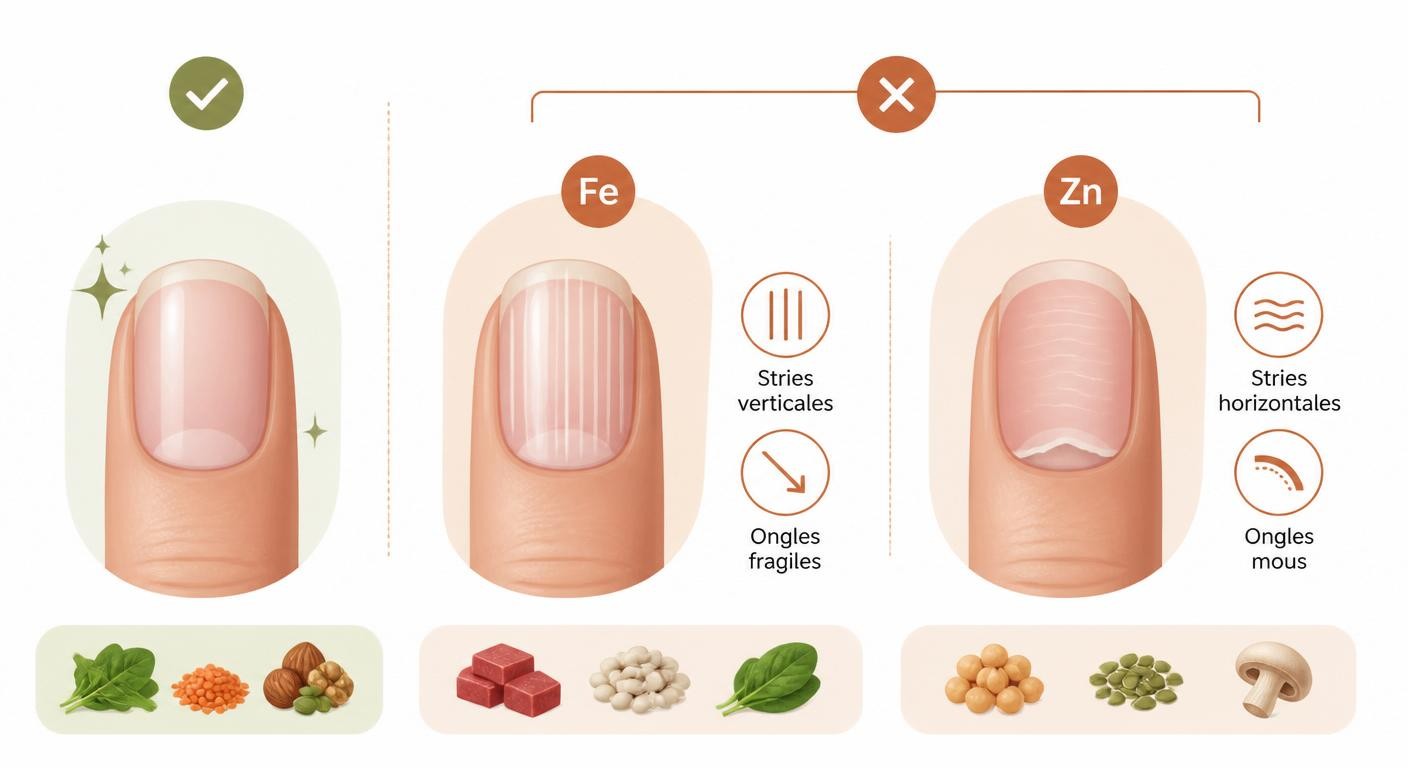 Comparaison visuelle des ongles sains et des ongles marqués par une carence en fer ou en zinc