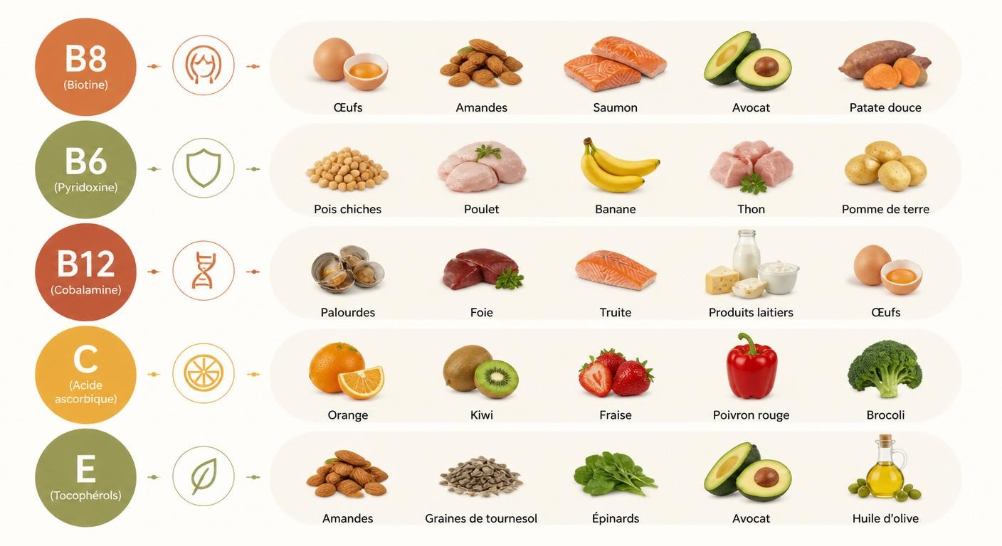 Infographie associant les vitamines B8, B6, B12, C et E aux aliments qui en sont riches