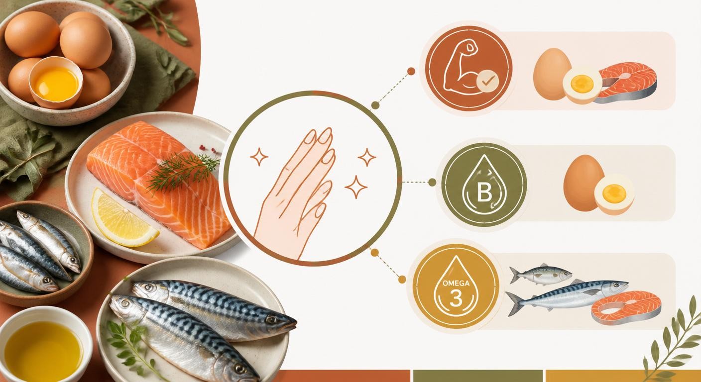 Infographie des œufs et poissons gras comme sources clés de nutriments pour la solidité des ongles