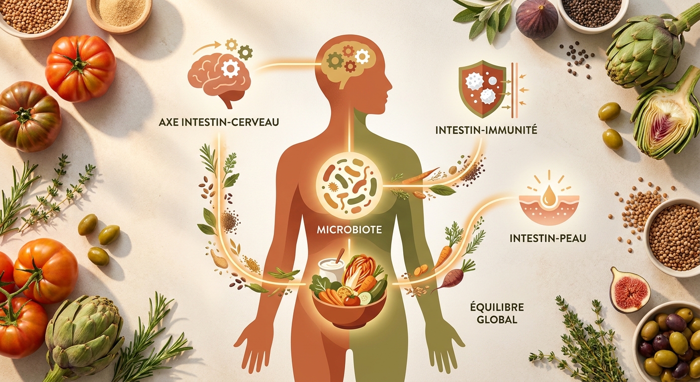 Infographie illustrant les rôles du microbiote intestinal et l'axe intestin-cerveau