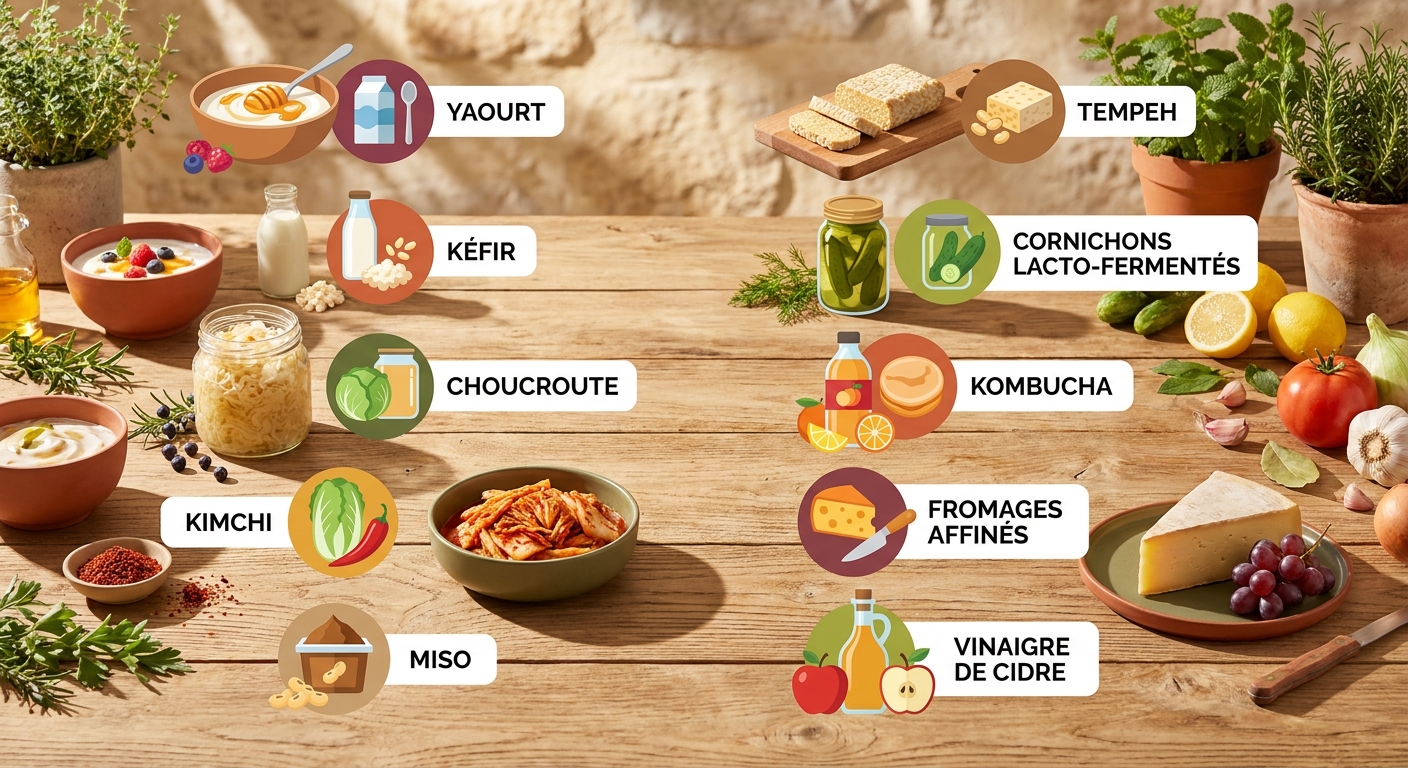 Infographie listant les 10 aliments les plus riches en probiotiques naturels