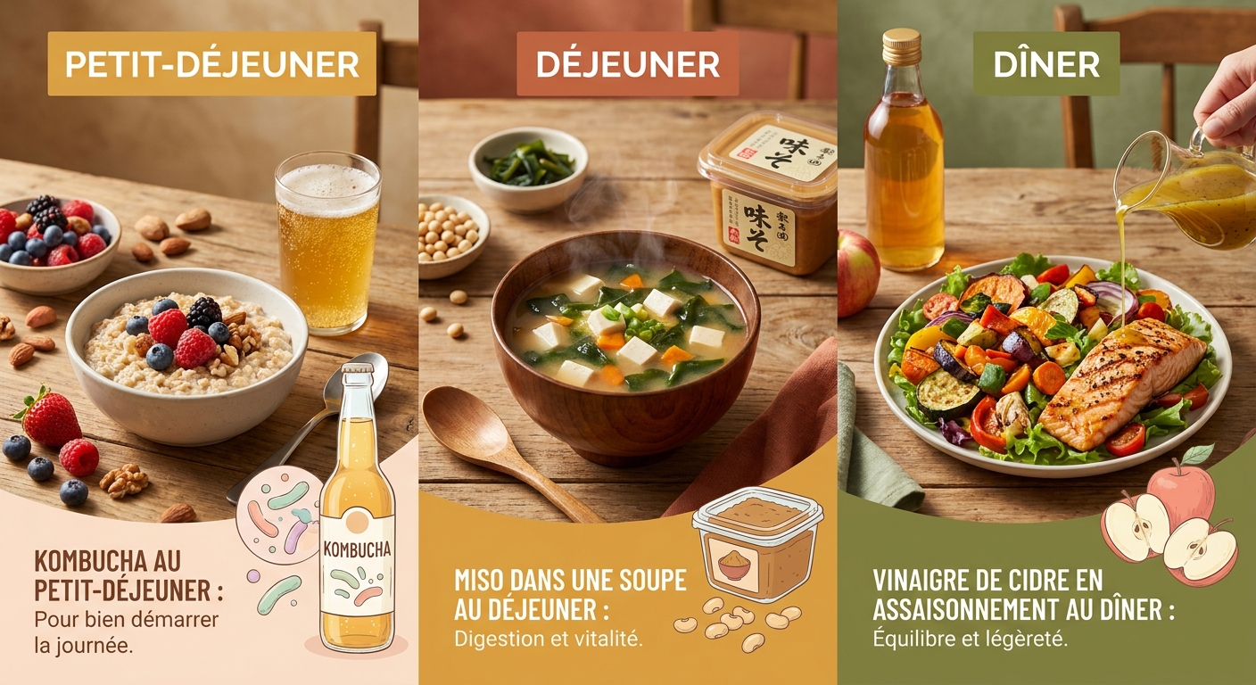 Infographie présentant trois manières d'intégrer kombucha, miso et vinaigre de cidre au quotidien