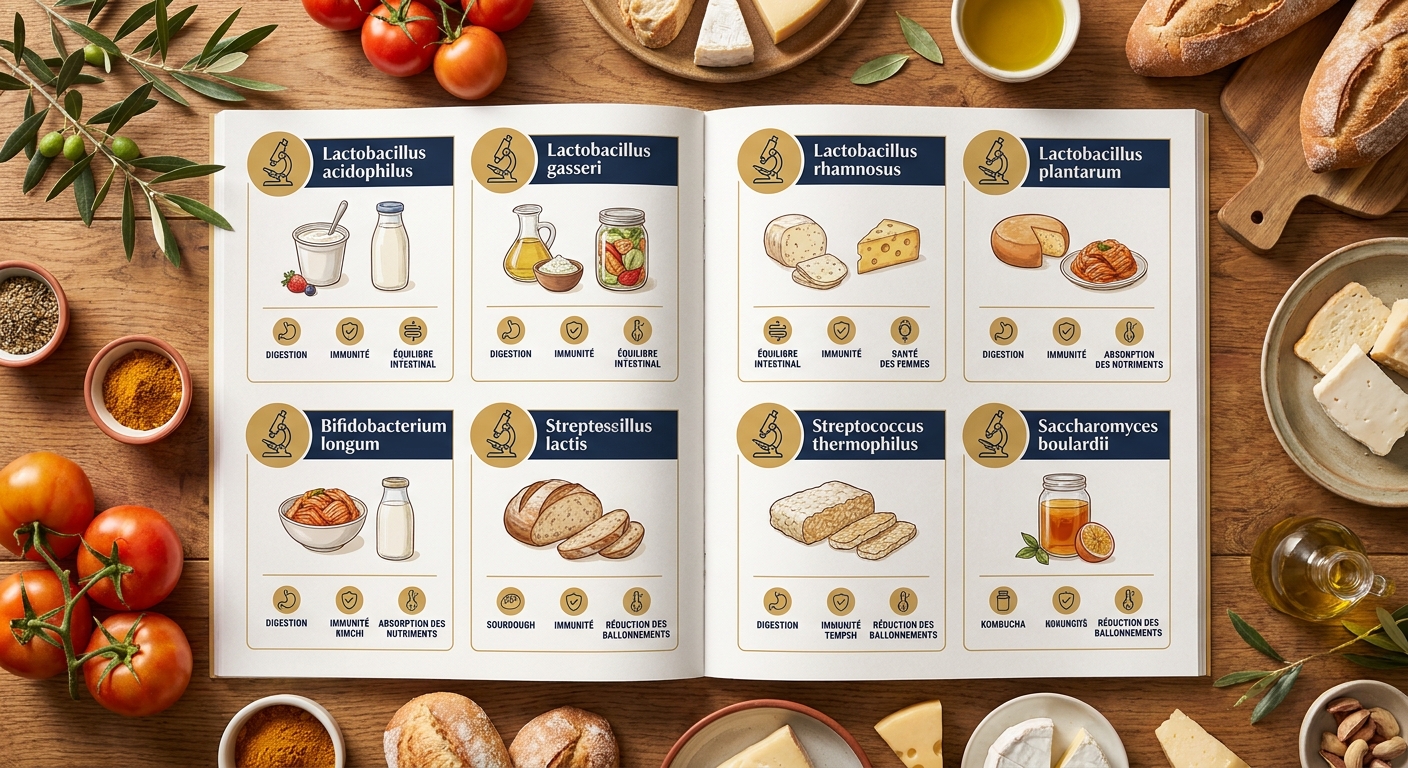 Infographie comparant les principales souches probiotiques et leurs bénéfices
