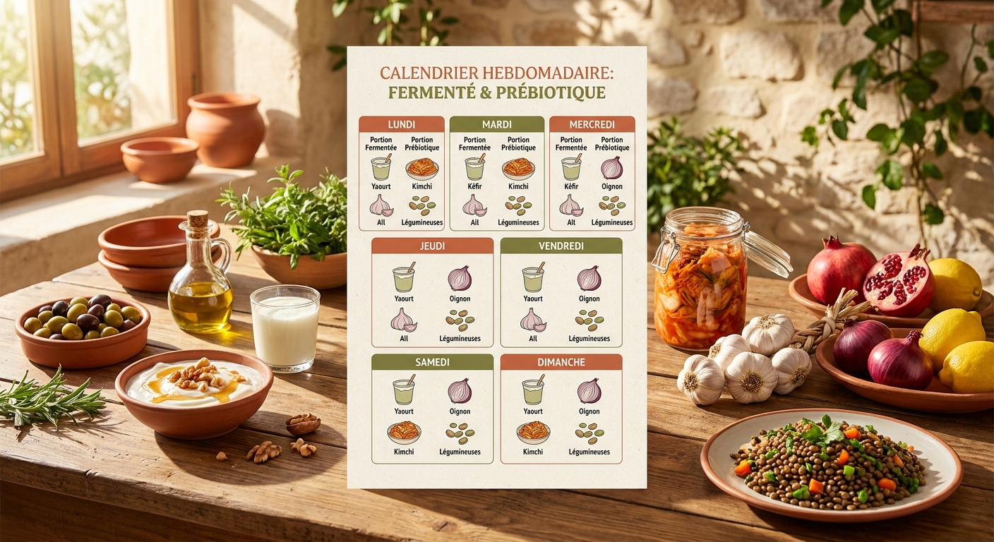 Infographie présentant un plan hebdomadaire de probiotiques naturels et prébiotiques