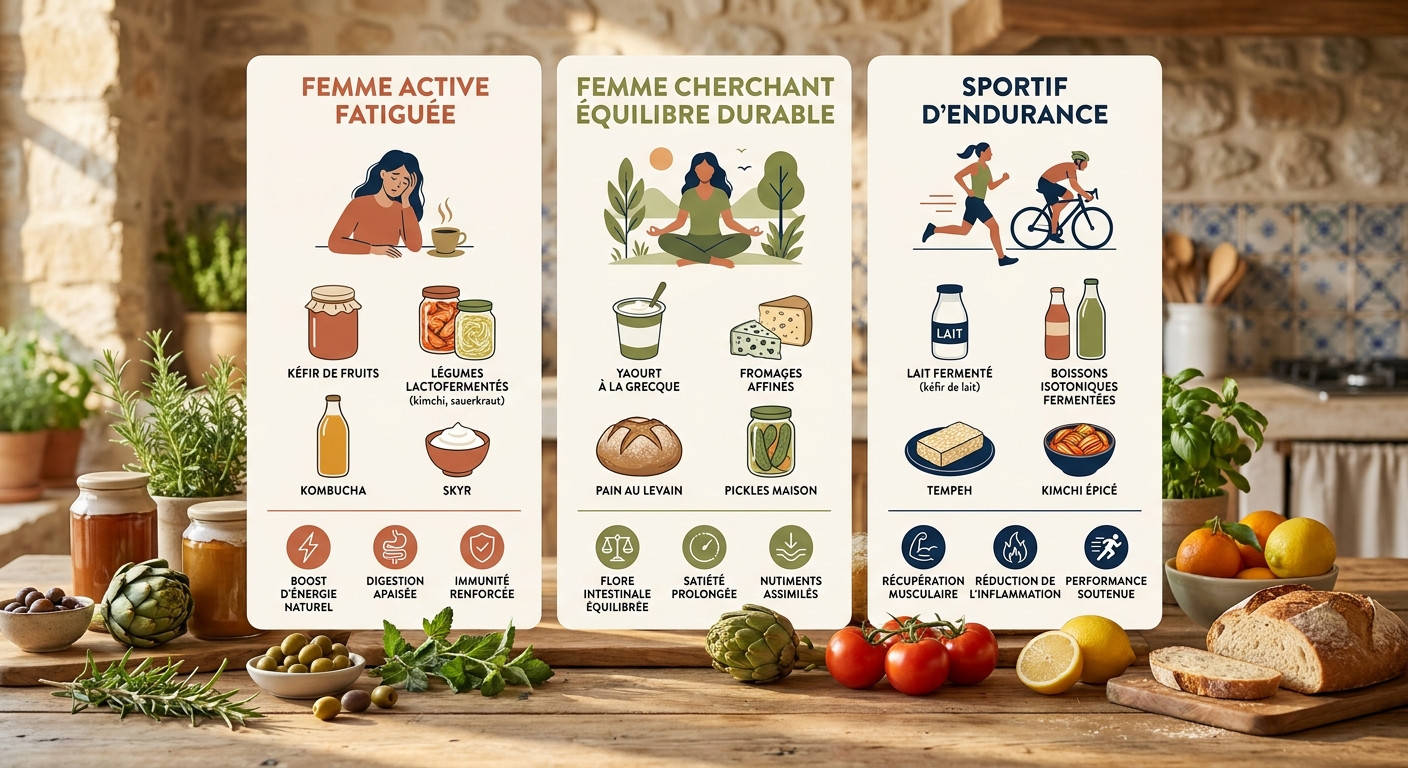 Infographie présentant les probiotiques naturels recommandés selon trois profils nutritionnels