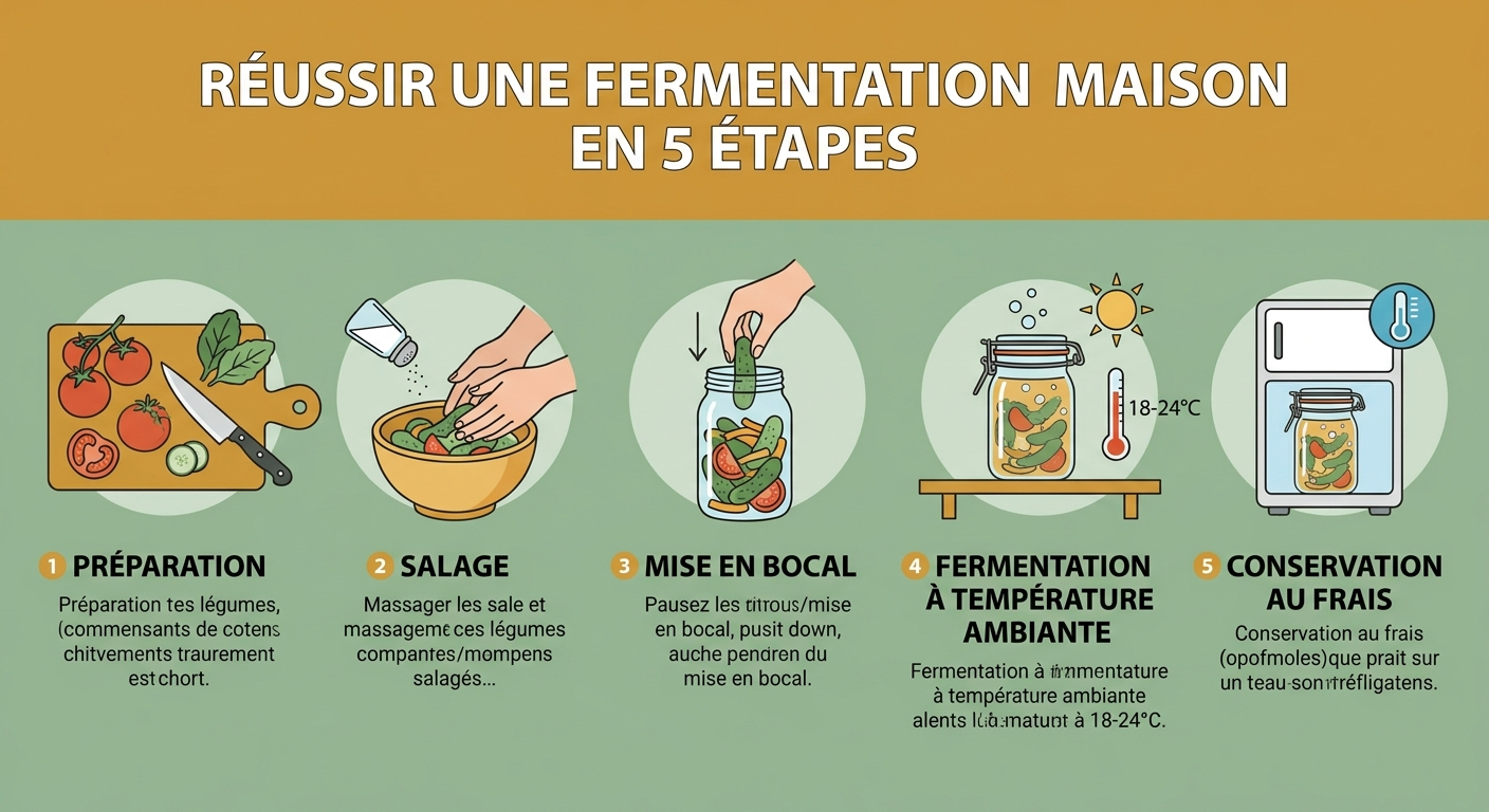 Infographie expliquant les étapes clés de la fermentation maison