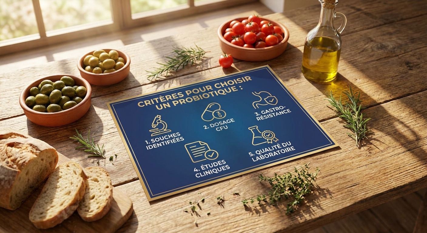 Infographie listant les cinq critères clés pour choisir un complément probiotique