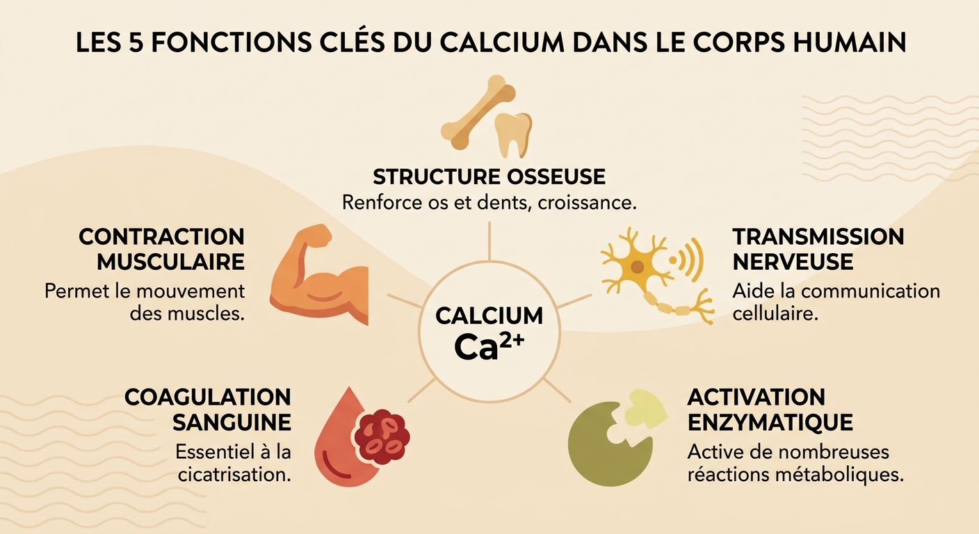 Infographie des 5 fonctions essentielles du calcium dans l'organisme