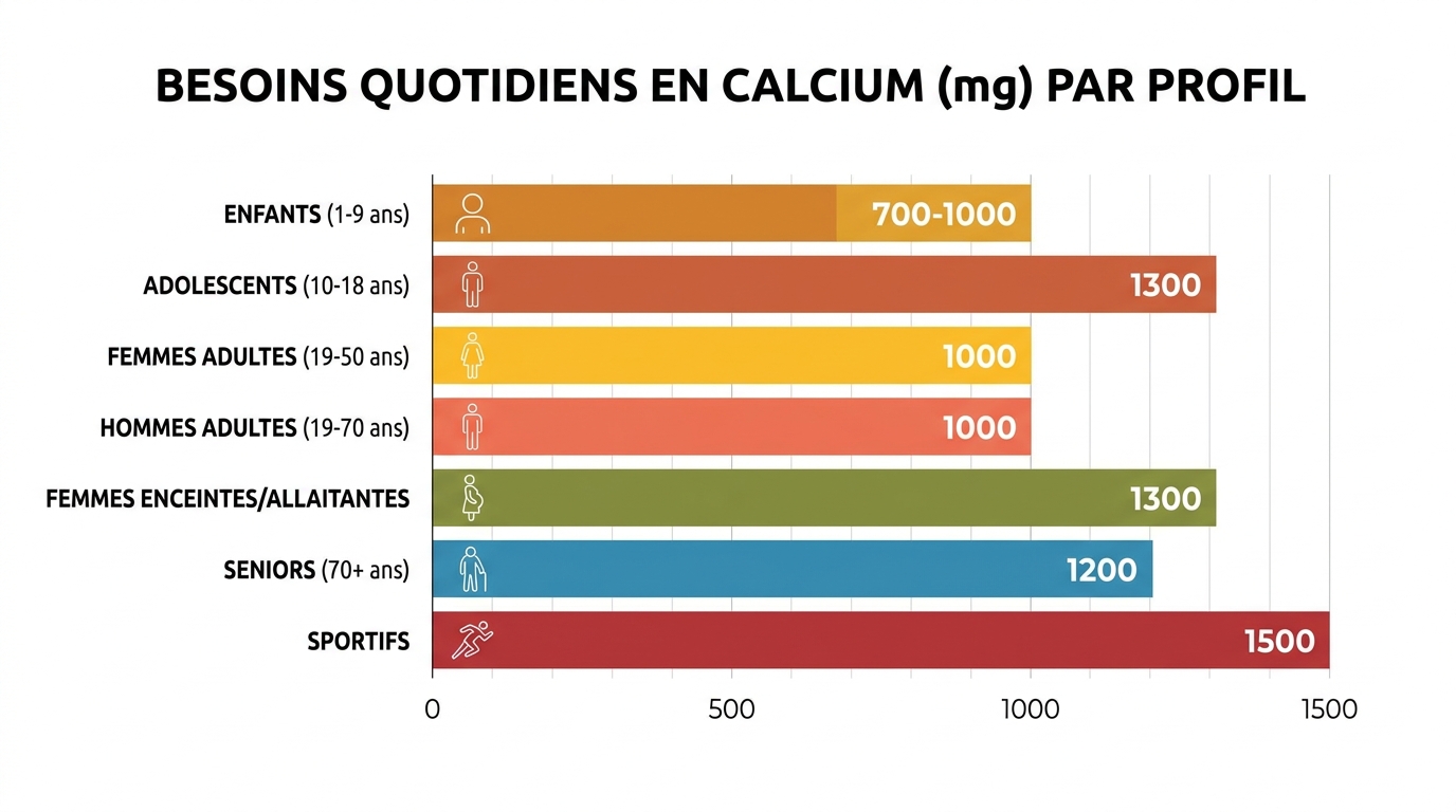 Infographie des besoins journaliers en calcium selon l'âge et le profil