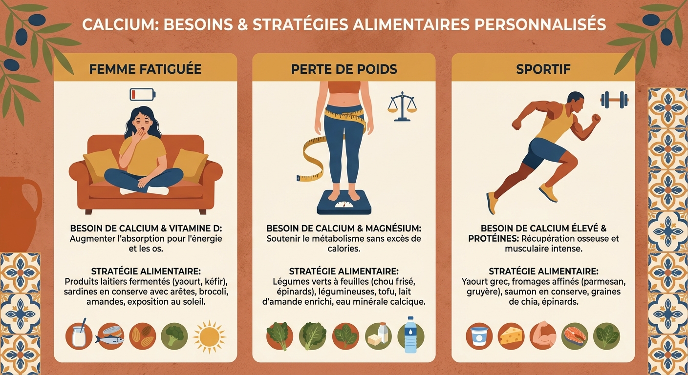 Infographie de 3 profils nutritionnels avec leurs stratégies calcium adaptées