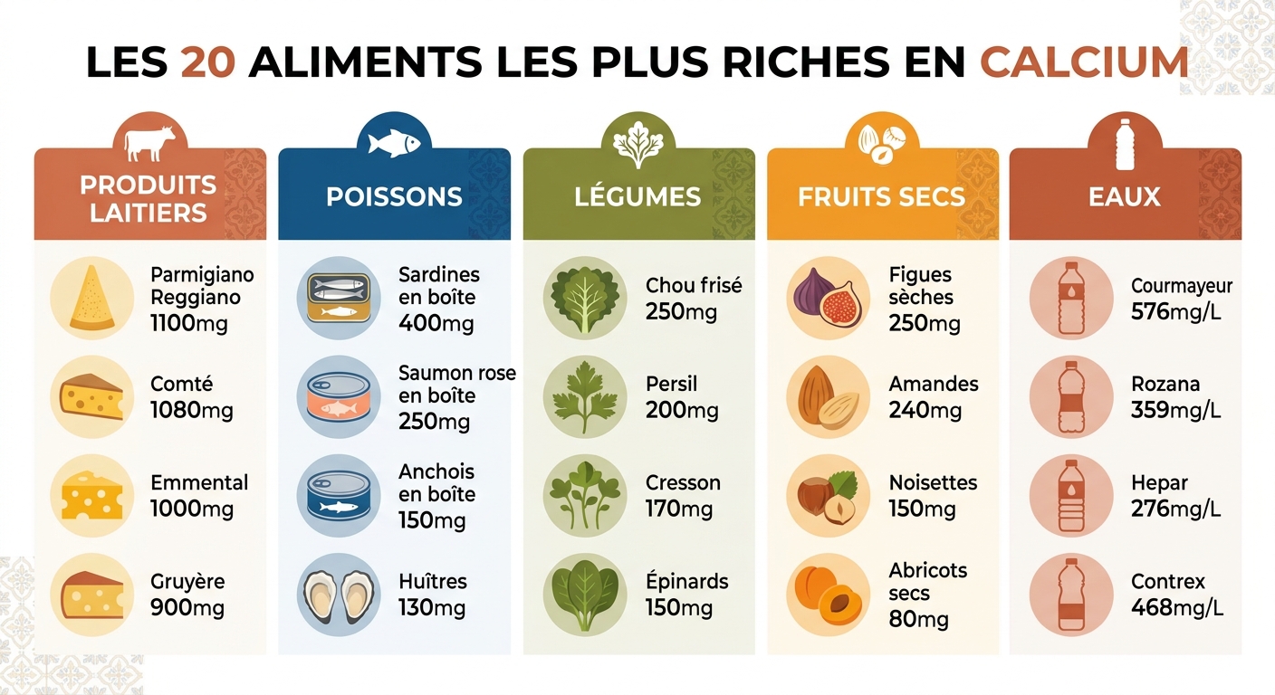 Infographie des 20 aliments les plus riches en calcium classés par catégorie