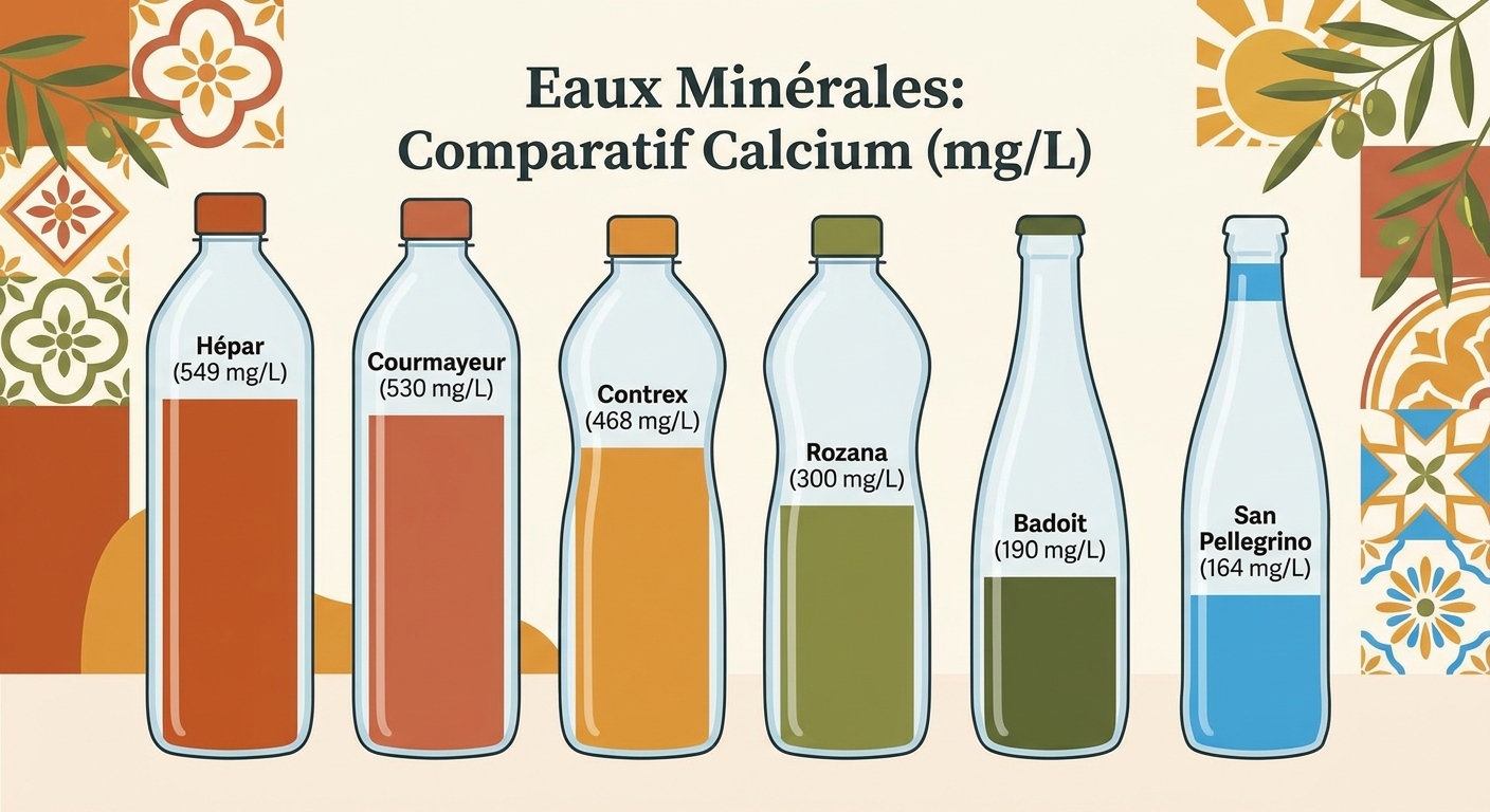 Comparatif des eaux minérales françaises classées par teneur en calcium