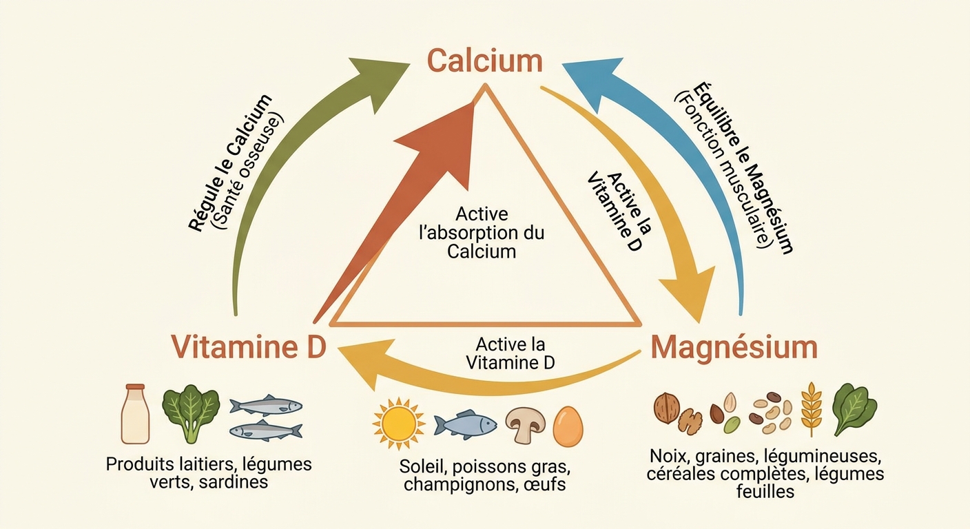 Infographie de la synergie entre calcium, vitamine D et magnésium