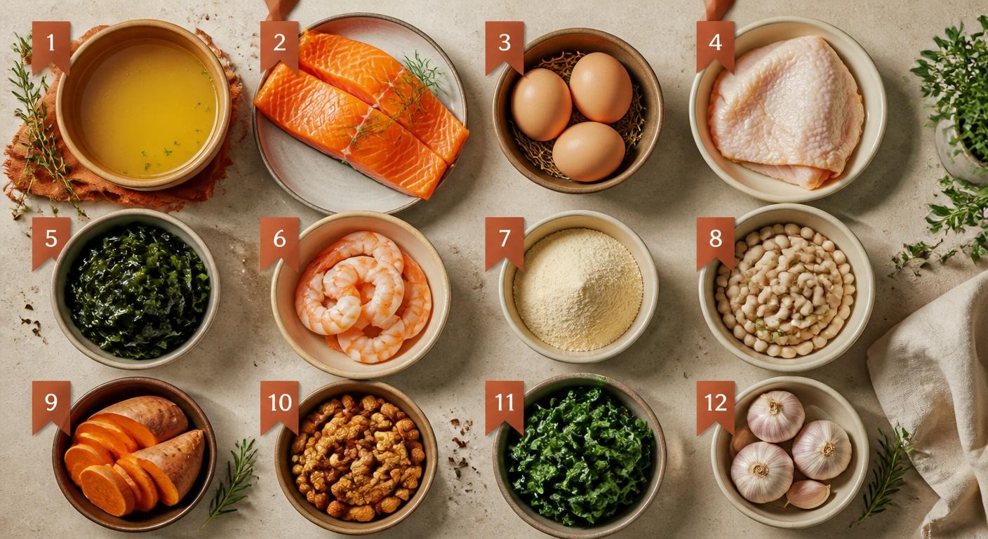 Planche illustrée des 12 aliments les plus riches en collagène