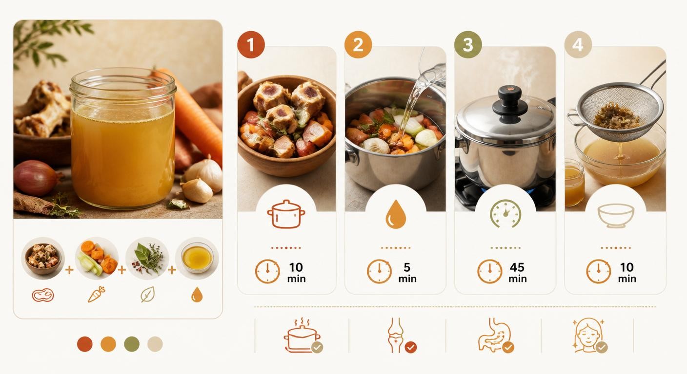Infographie des 4 étapes pour réaliser un bouillon d'os express en cocotte-minute