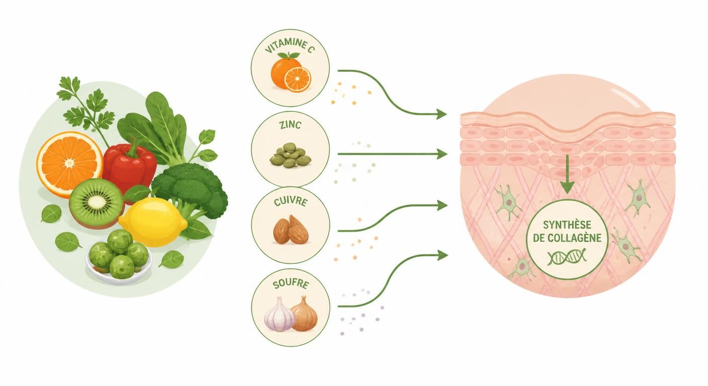 Schéma de la stimulation de la synthèse de collagène par les nutriments végétaux