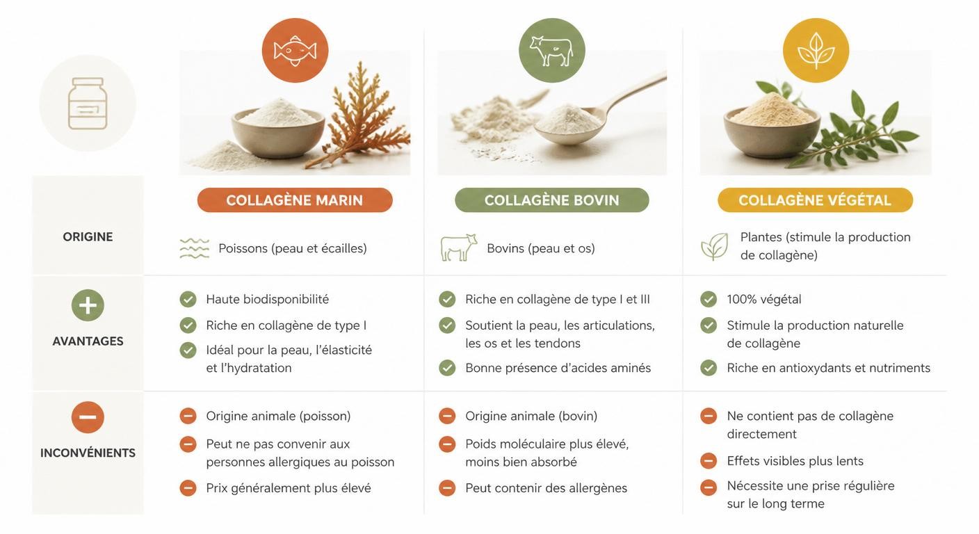 Comparatif des compléments alimentaires de collagène marin, bovin et végétal
