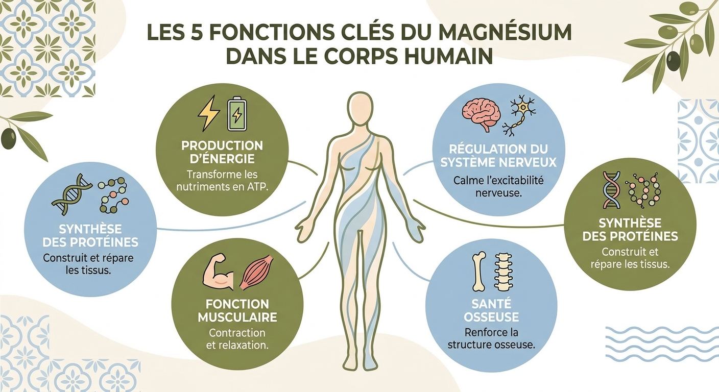 Infographie des 5 fonctions essentielles du magnésium dans l'organisme