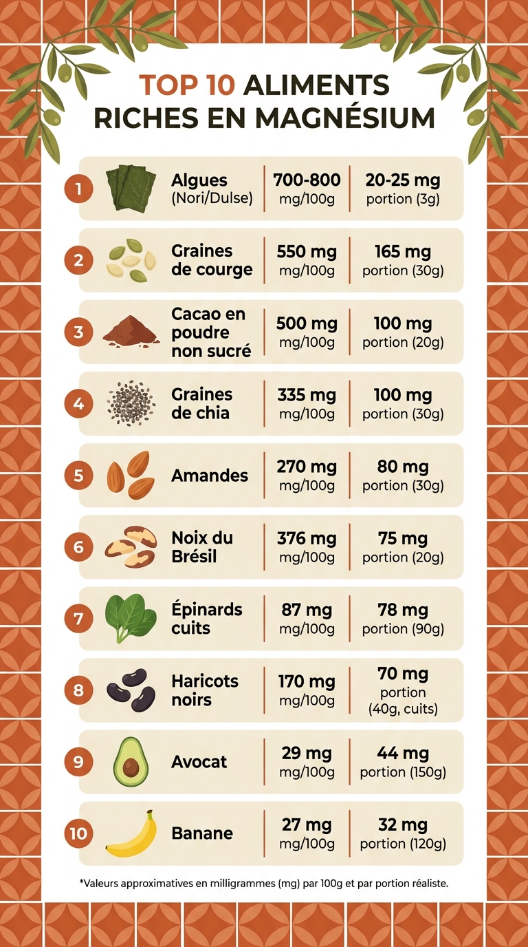Classement des 10 aliments les plus riches en magnésium avec teneur par portion
