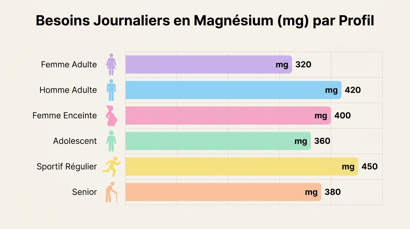 Besoins journaliers en magnésium selon le profil : femme, homme, sportif, enceinte, senior