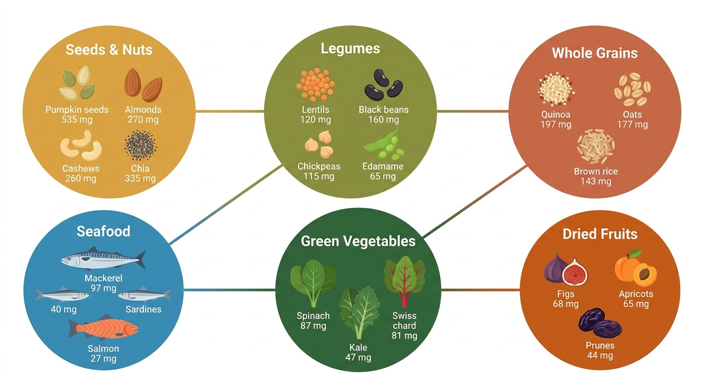 Carte visuelle des aliments riches en magnésium classés par catégorie alimentaire