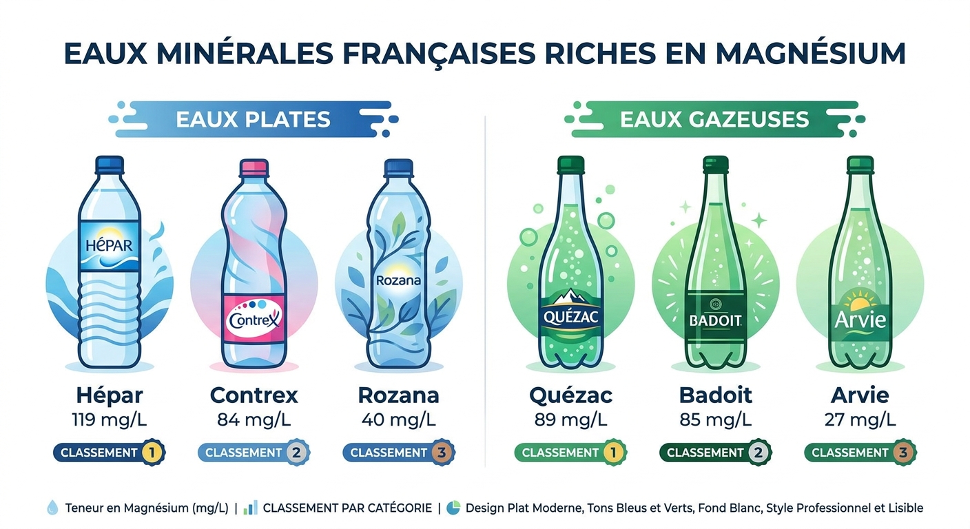 Comparatif des eaux minérales françaises riches en magnésium : plates et gazeuses
