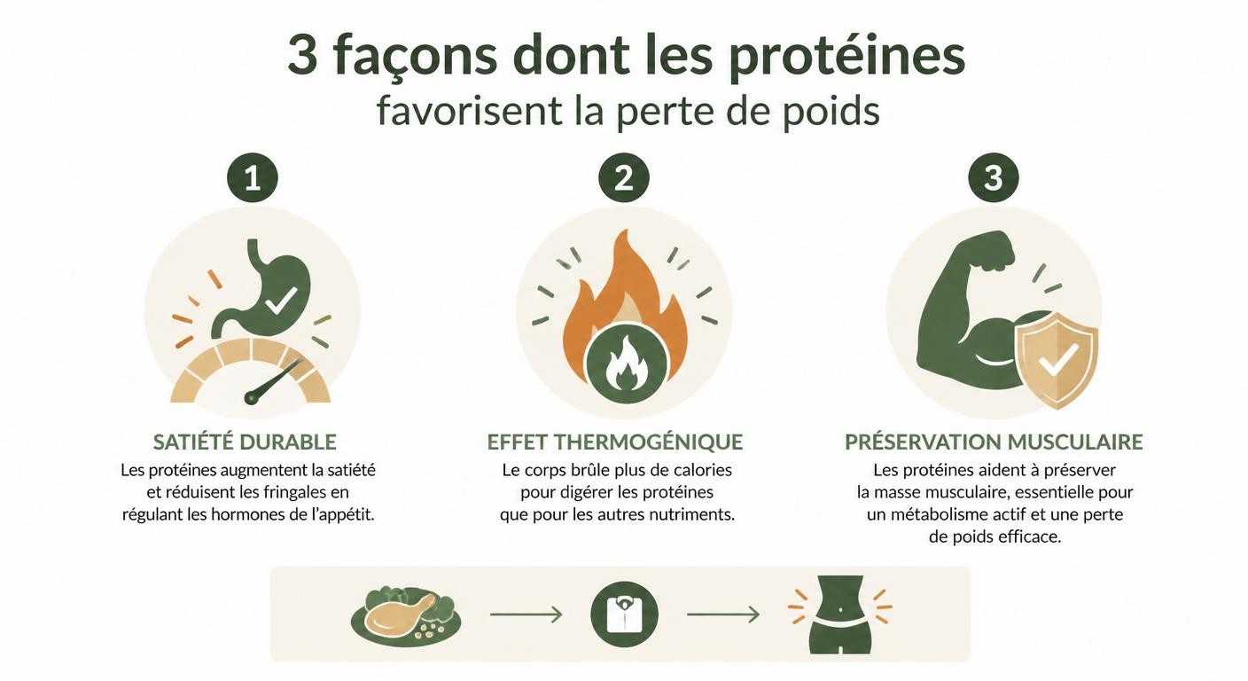 Infographie des trois mécanismes des protéines pour maigrir : satiété, thermogenèse, muscle