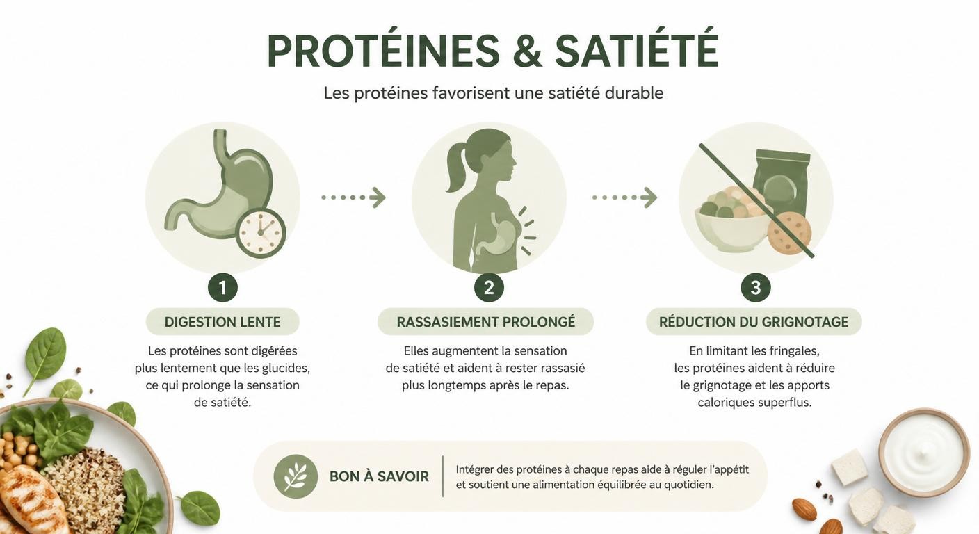 Infographie expliquant comment les protéines favorisent la satiété pour maigrir
