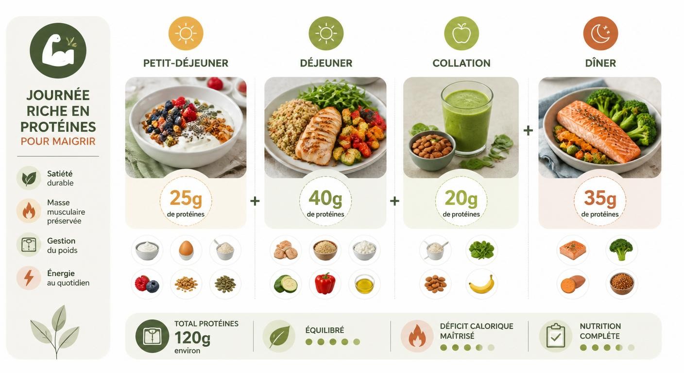 Infographie d'un menu type protéiné minceur sur une journée