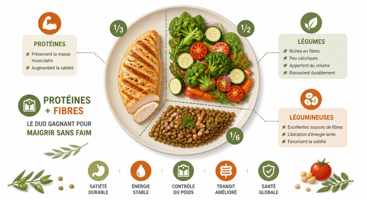 Infographie de l'assiette protéines et fibres pour maigrir sans avoir faim