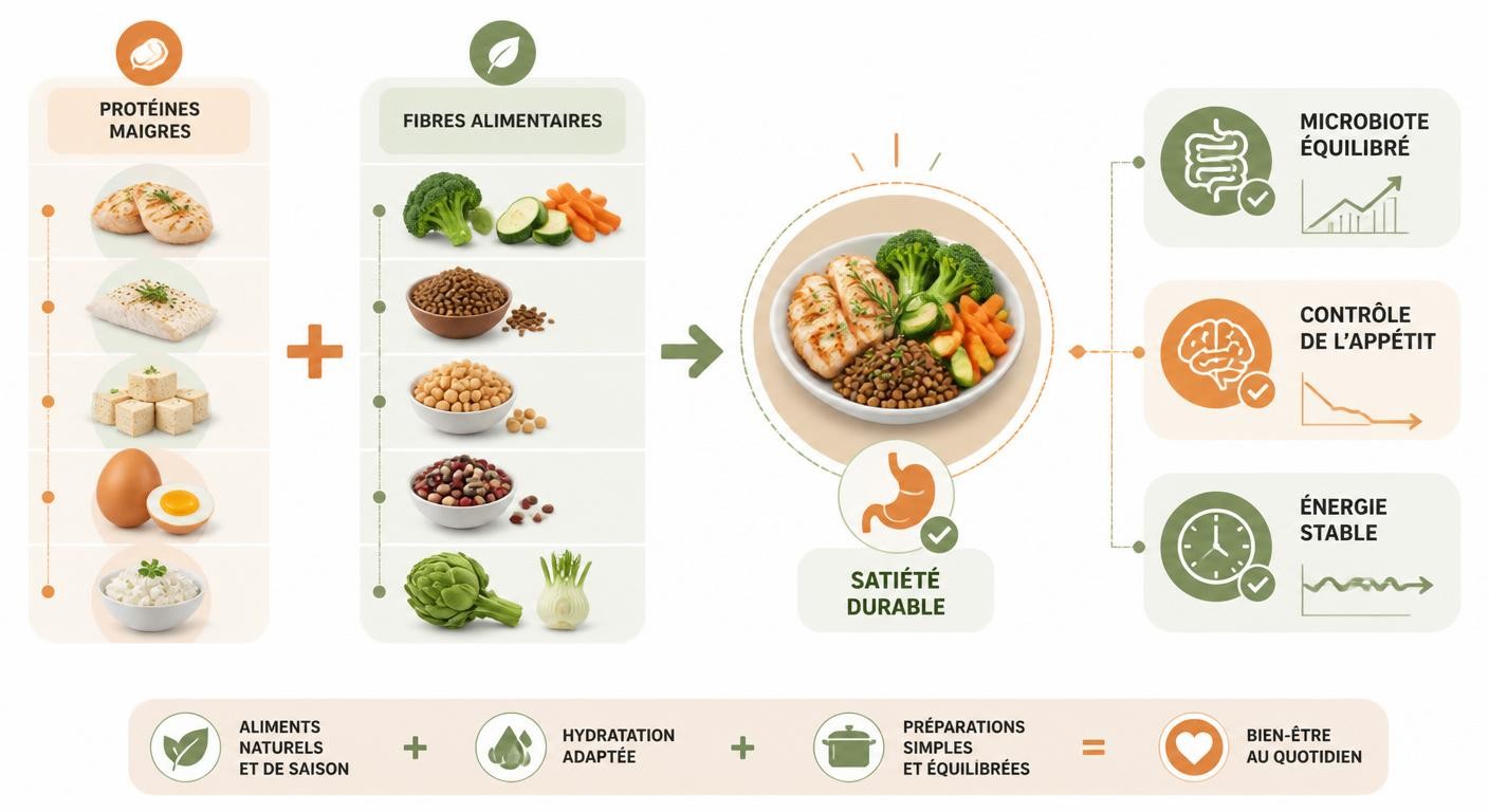 Infographie de la synergie protéines et fibres pour maigrir sans avoir faim
