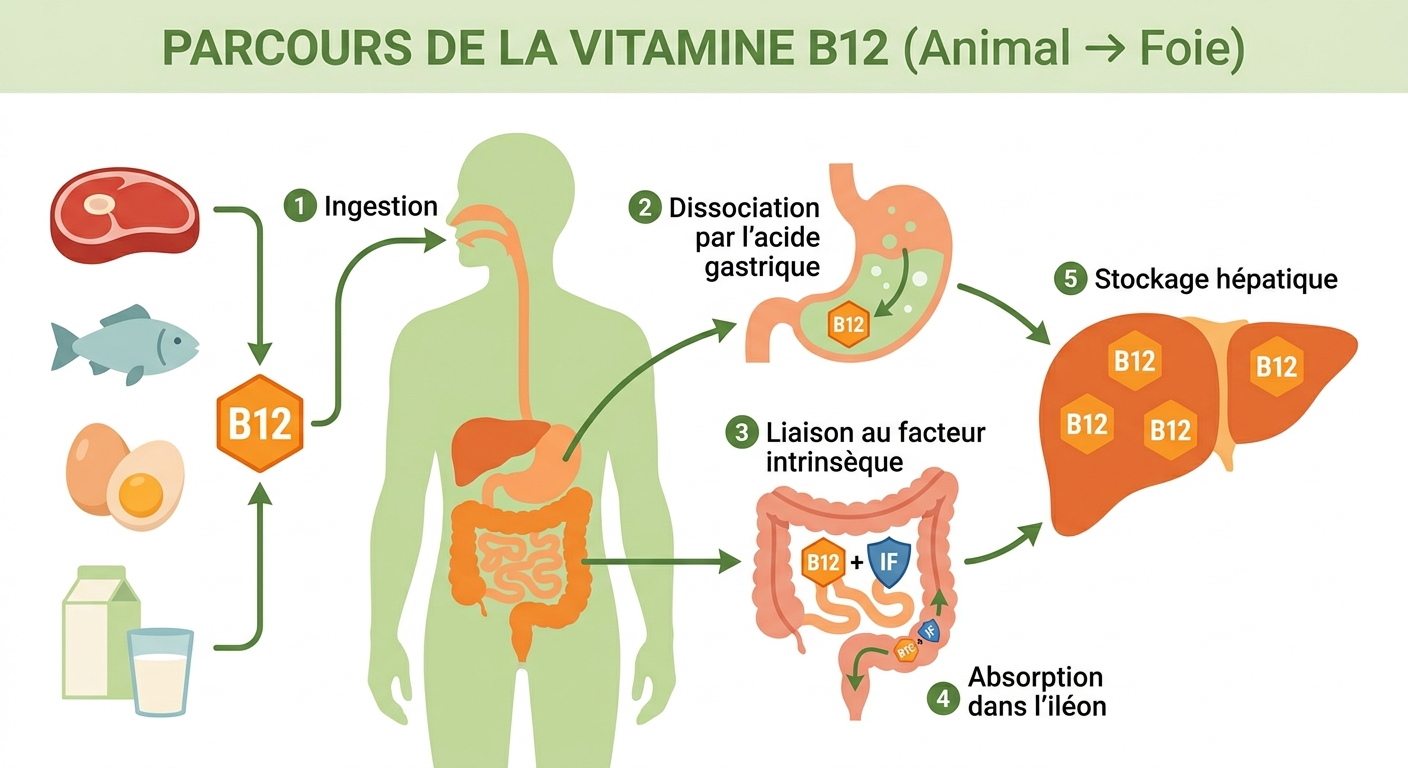 Schéma du parcours digestif et de l'absorption de la vitamine B12 chez l'humain