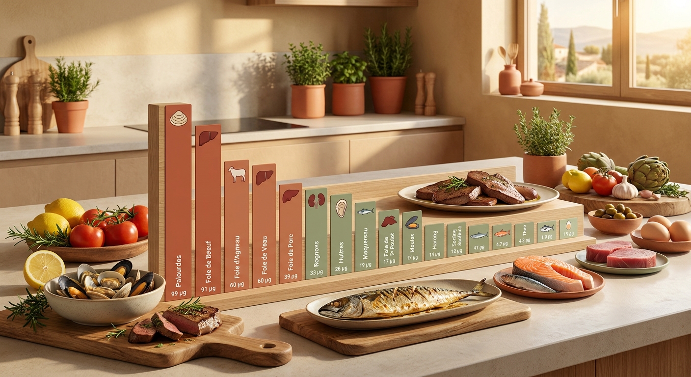 Classement visuel des 15 aliments les plus riches en vitamine B12 avec teneurs en microgrammes pour 100 grammes