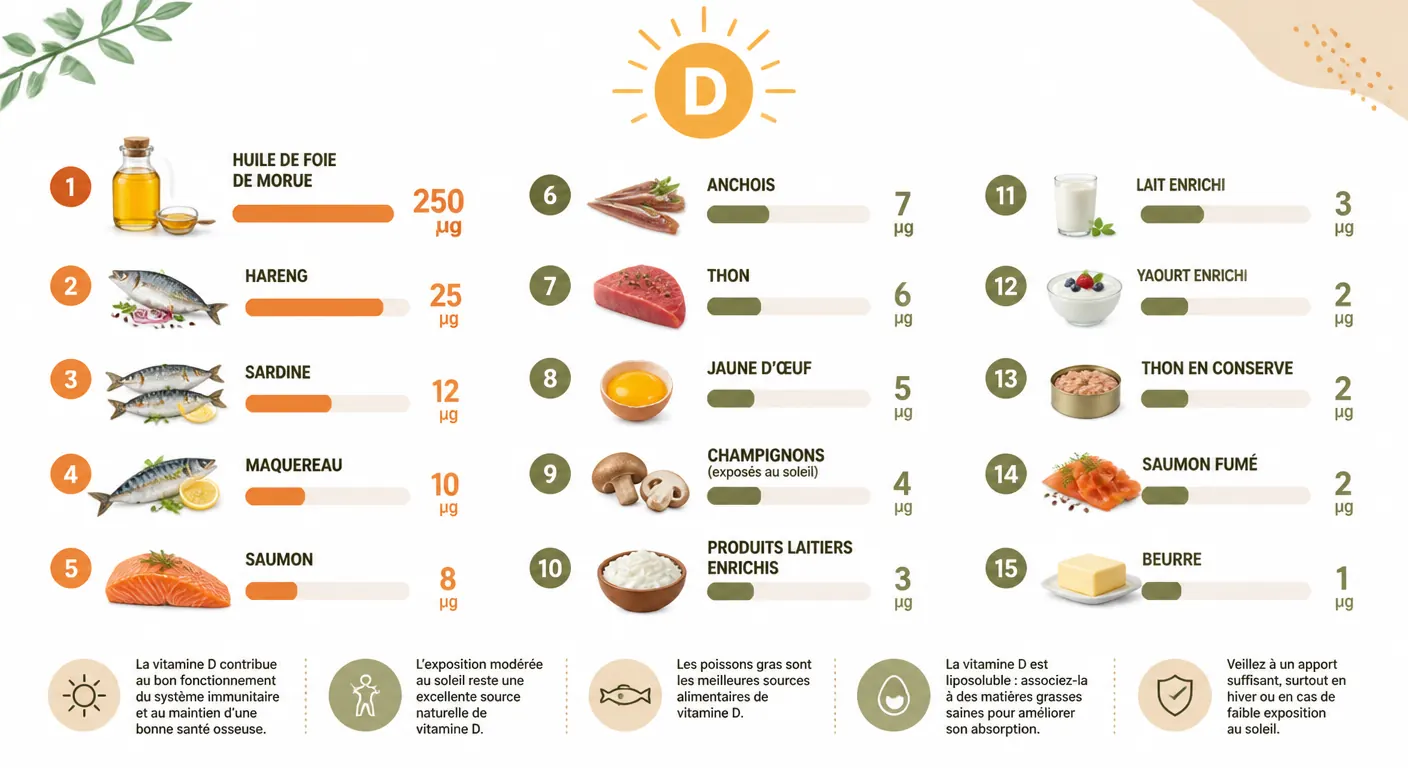Infographie classant les 15 aliments les plus riches en vitamine D
