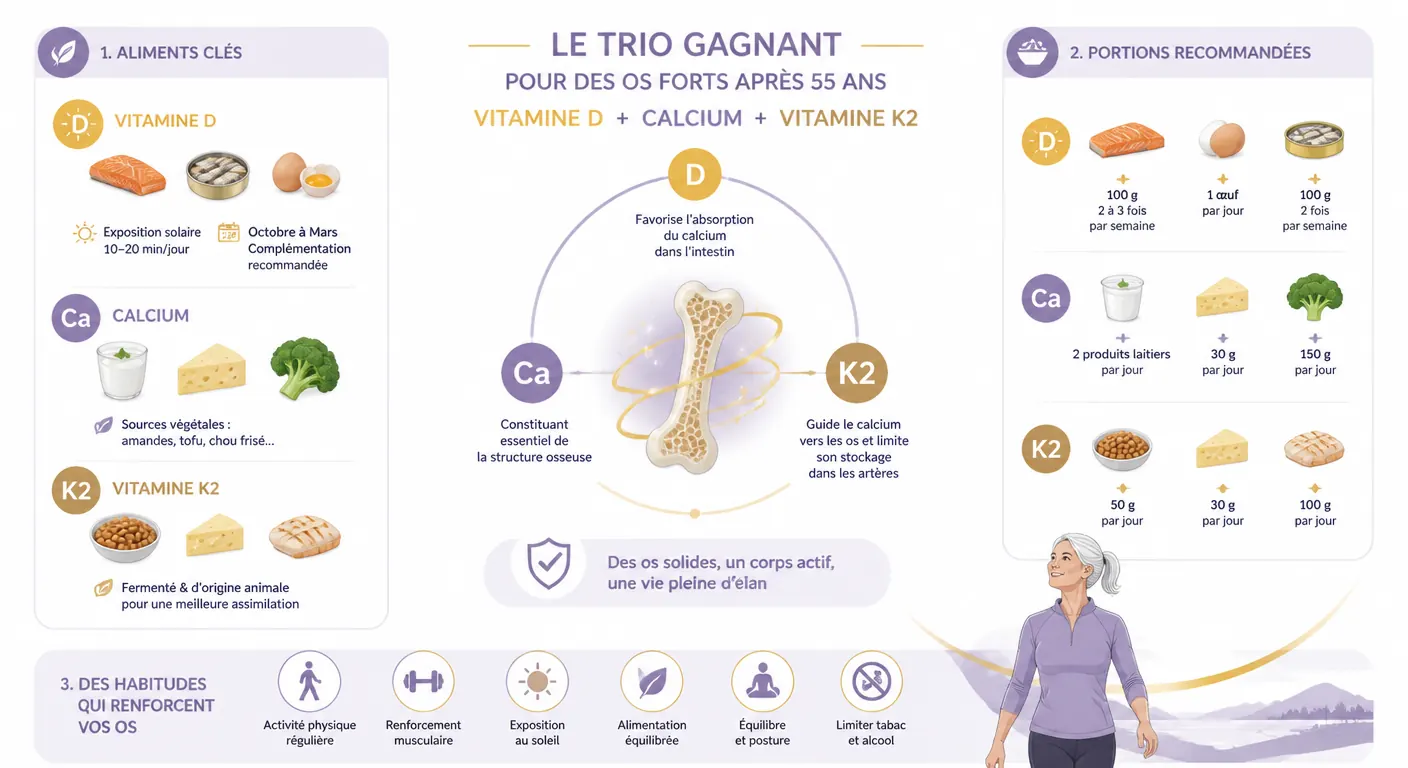 Infographie alimentation anti-ostéoporose femme ménopausée