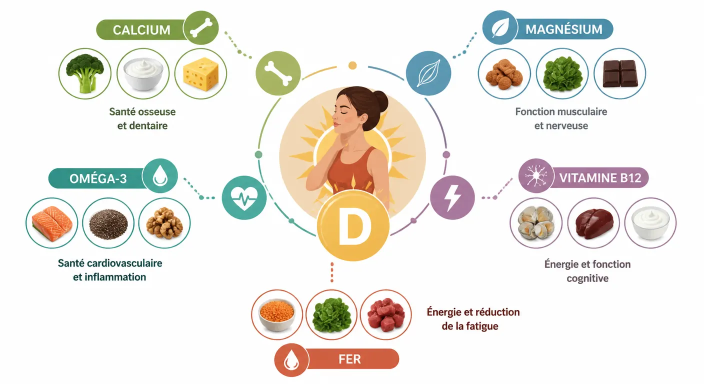 Infographie synergies vitamine D calcium magnésium oméga-3 B12 femme